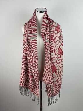 2 Chic Red Gray Cream Leopard Animal Print Zebra Fringe Scarf Wrap Women